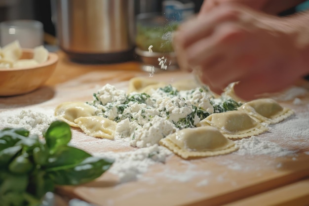 Foto criando deliciosos raviolis recheados de queijo e espinafre em uma cozinha aconchegante