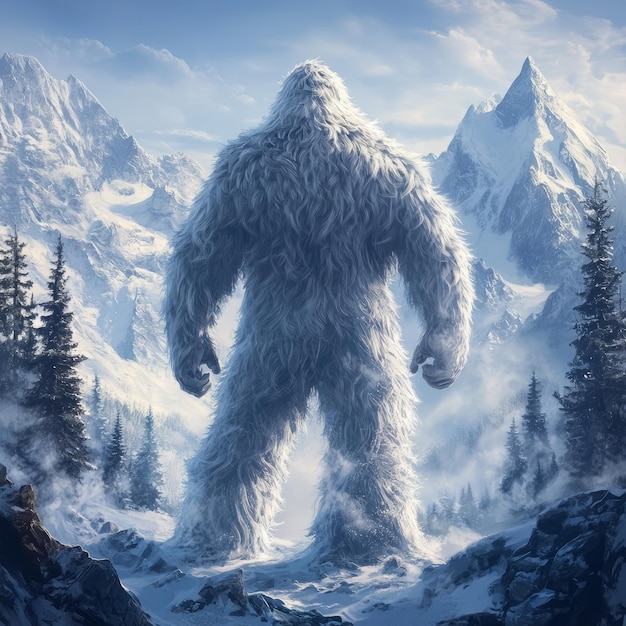 Foto criar uma representação realista de um yeti snowman visto por trás de pé em uma montanha