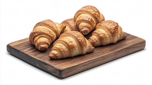 Croissants frescos em tábua de madeira isolados em fundo branco