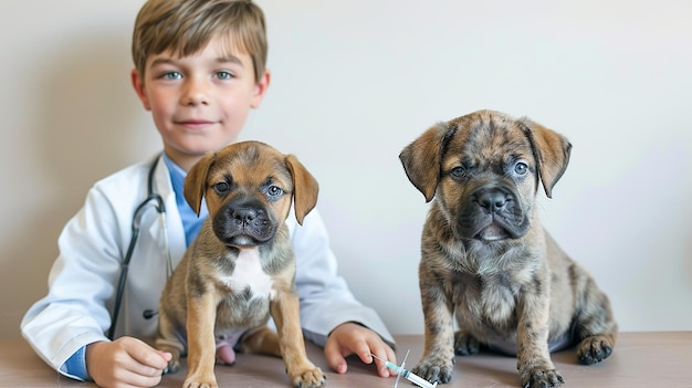 Foto curioso menino veterinário com cachorro