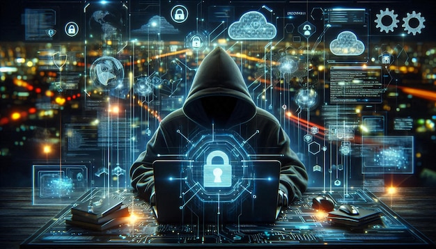 Foto cybersecurity guardian der digitale wächter in einer gekleideten kapuze