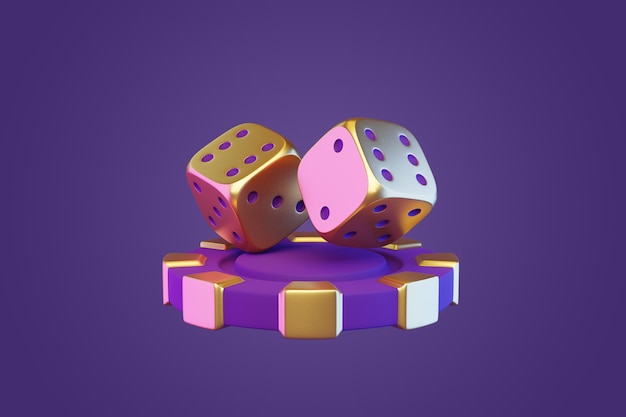 Dados dourados em fundo roxo de chip de cassino Ilustração de renderização 3D