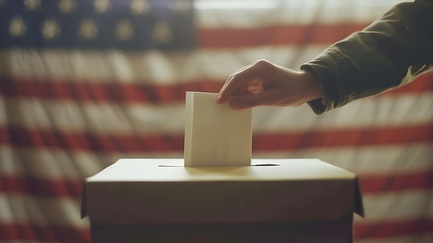 Foto democracia em ação closeup de mão votando em urna com bandeira americana para eleição dos eua