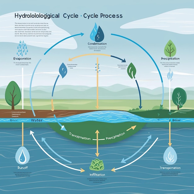 Foto der hydrologische zyklusprozess visuell für den lernkurs wasser hydrologischer zyklus infografik und landschaft