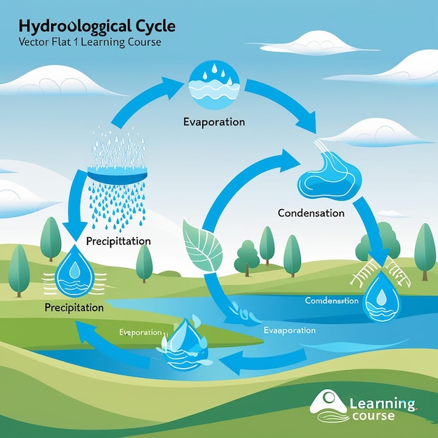 Foto der hydrologische zyklusprozess visuell für den lernkurs wasser hydrologischer zyklus infografik und landschaft