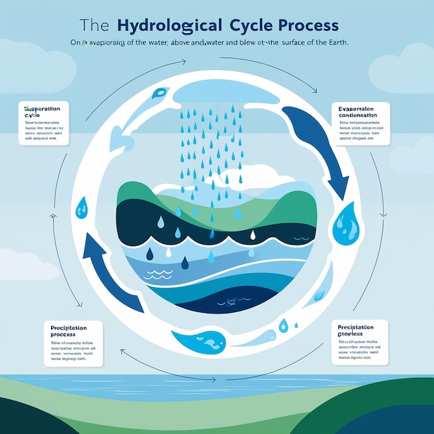 Foto der hydrologische zyklusprozess visuell für den lernkurs wasser hydrologischer zyklus infografik und landschaft