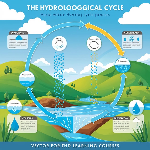 Foto der hydrologische zyklusprozess visuell für den lernkurs wasser hydrologischer zyklus infografik und landschaft