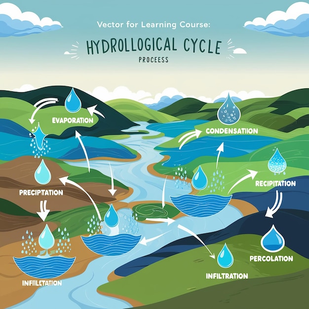 Foto der hydrologische zyklusprozess visuell für den lernkurs wasser hydrologischer zyklus infografik und landschaft