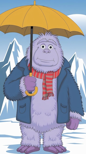 Foto desenho animado de yeti roxo com guarda-chuva