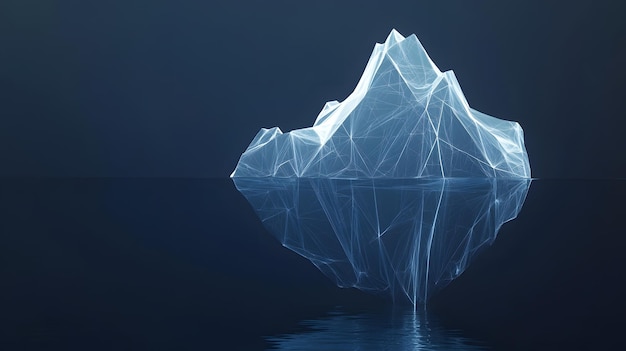 Foto desenho minimalista de iceberg 3d com estrutura de estrutura de arame geométrica flutuando na superfície calma do oceano perfeito para projetos visuais temáticos de natureza e tecnologia