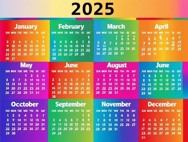 Foto design de calendário 2025 vibrante com fundos coloridos, gradientes, texto em negrito e layout de data claro para uso pessoal e profissional