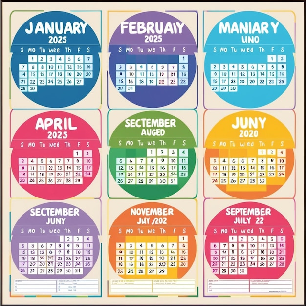 Foto design de calendário circular vibrante de 2025 com fontes ousadas, cores contrastantes e estética lúdica para uso pessoal e profissional