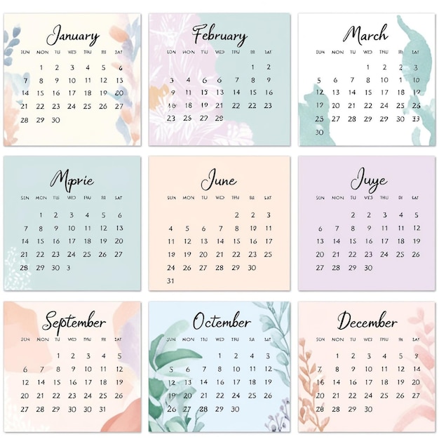 Foto design elegante de calendário 2025 com cores pastel, padrões artísticos e fontes graciosas para uma estética calmante