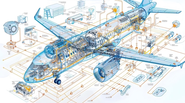 Foto detailliertes schematisches diagramm des flugzeugbrennstoffsystems für die luftfahrttechnik