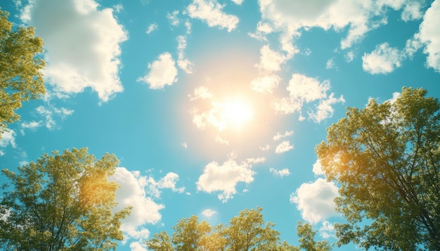 Foto dia ensolarado com nuvens brancas e ramos de árvores