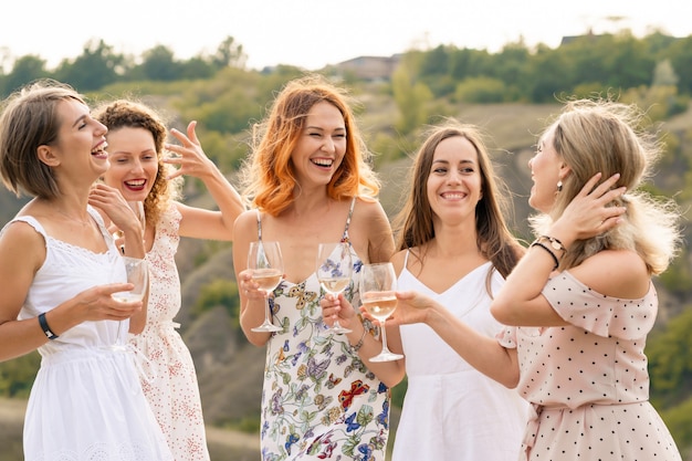 Die Gesellschaft wunderschöner Freunde, die Spaß haben, Wein trinken und ein Picknick in der Hügellandschaft genießen