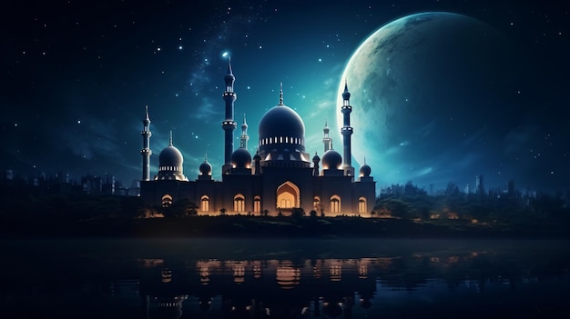 Die islamische Moschee in der Nacht mit Mond