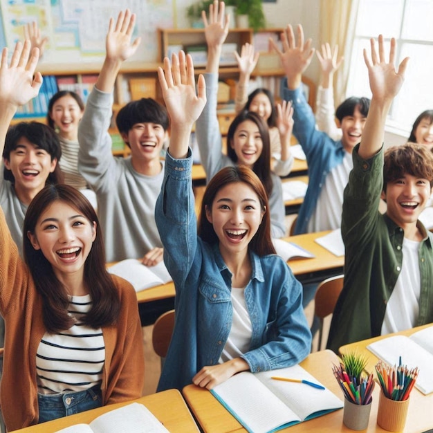 Foto die schüler heben eifrig die hände