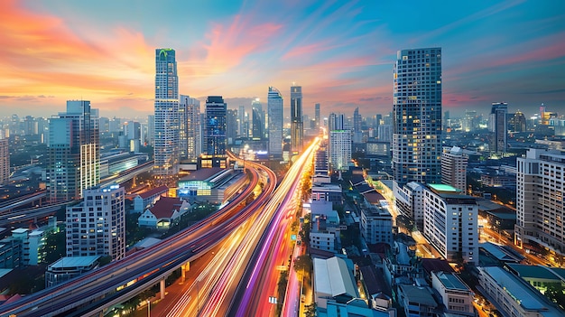 Foto die skyline von bangkok beim sonnenuntergang