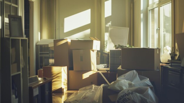 Foto die sonne scheint durch die fenster eines überfüllten raumes voller umzugsdosen und verpackungen, die das chaos und die aufregung des umzugstages einfangen