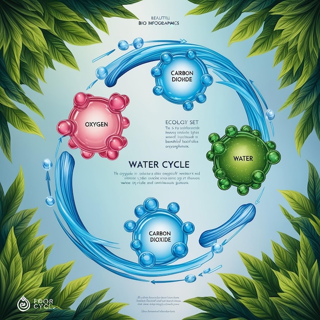 Foto die wunderschöne bio-infografik mit wasserzyklus-schema ökologie-set mit sauerstoff-wasser- und kohlendioxid-molekülen