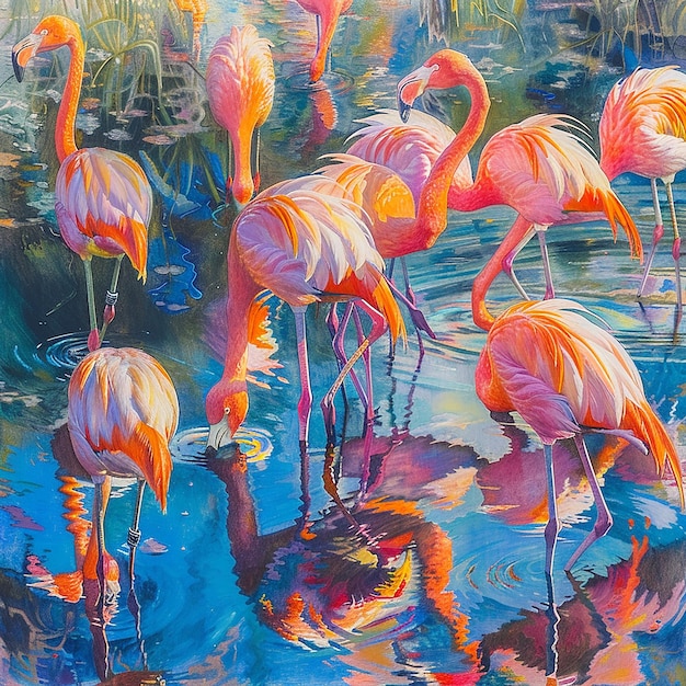 Dieses Bild zeigt eine ruhige und lebendige Szene von Flamingos in einer Feuchtgebietumgebung