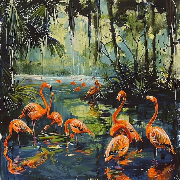 Dieses Bild zeigt eine ruhige und lebendige Szene von Flamingos in einer Feuchtgebietumgebung