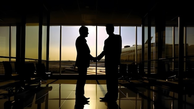 Dois homens estão em um aeroporto, apertando as mãos, em frente a uma janela.