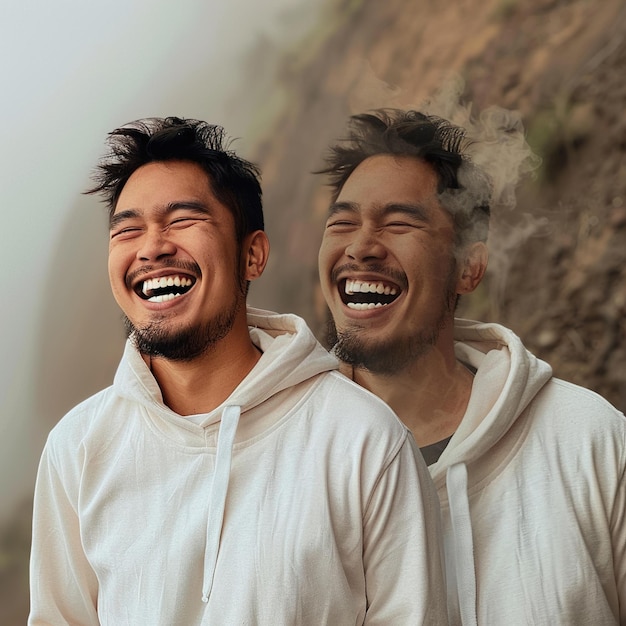 Foto dois homens sorrindo e rindo com um vestindo um capuz branco