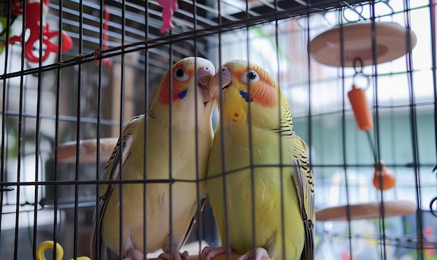 Foto dois pássaros estão se beijando em uma gaiola com uma fita rosa