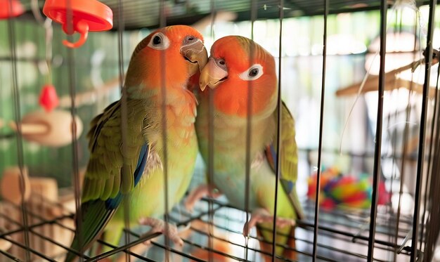 Foto dois pássaros estão sentados em uma gaiola com um sendo segurado por um pássaro