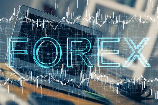 Foto doppelte exposition von forex-grafik und arbeitsraum mit computer konzept des internationalen online-handel