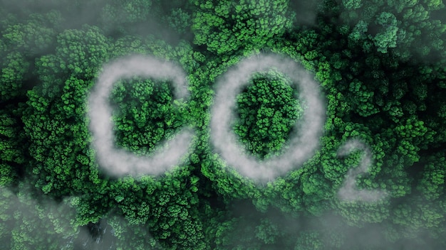 Foto draufsicht auf wald und co2-nebel, umweltverschmutzung und naturkonzept, kreative idee für globale erwärmung und gas