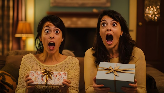 Foto duas mulheres segurando presentes com uma dizendo 