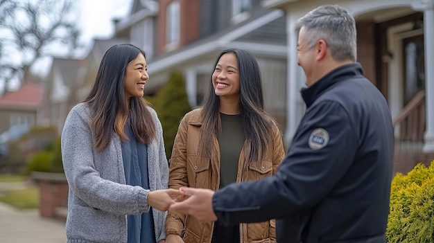 Foto duas mulheres sorrindo enquanto entregam algo a um homem de jaqueta preta