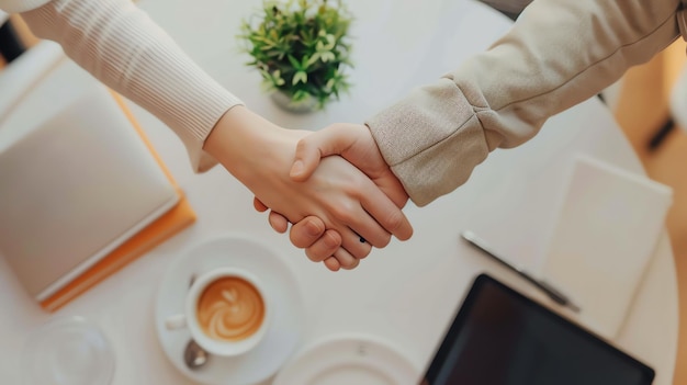 Foto duas pessoas apertam as mãos em uma mesa com café, um tablet e notebooks.