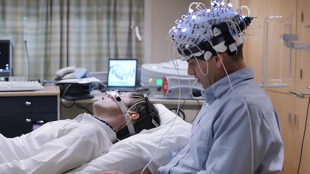 Foto ein arzt überwacht während einer medizinischen untersuchung einen patienten, der ein kopfhörer mit sensoren trägt