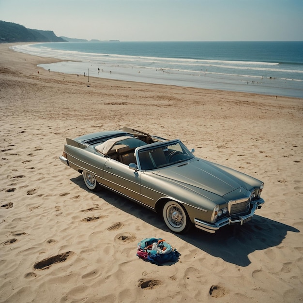 Foto ein auto mit offenem dach ist am strand geparkt