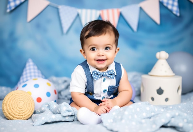 Foto ein baby, das eine blaue fliege und einen blauen hintergrund trägt, mit einem blauen hintergrunde und einem blauen hintergrunde