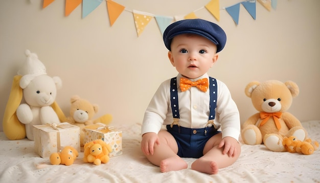 Foto ein baby, das einen blauen hut und hosenträger trägt, sitzt auf einer couch