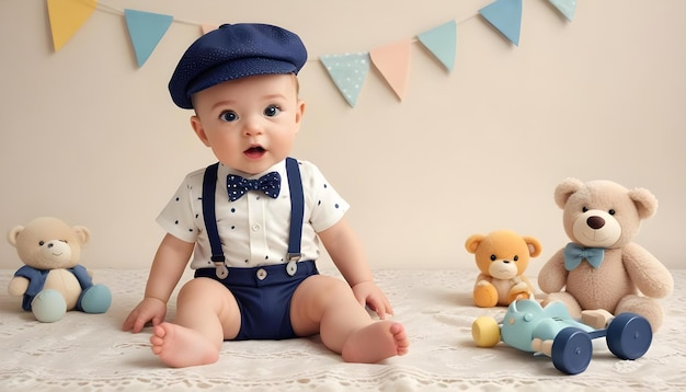 Foto ein baby mit einem blauen hut und einer blauen fliege sitzt auf einem bett mit ausgestopften tieren