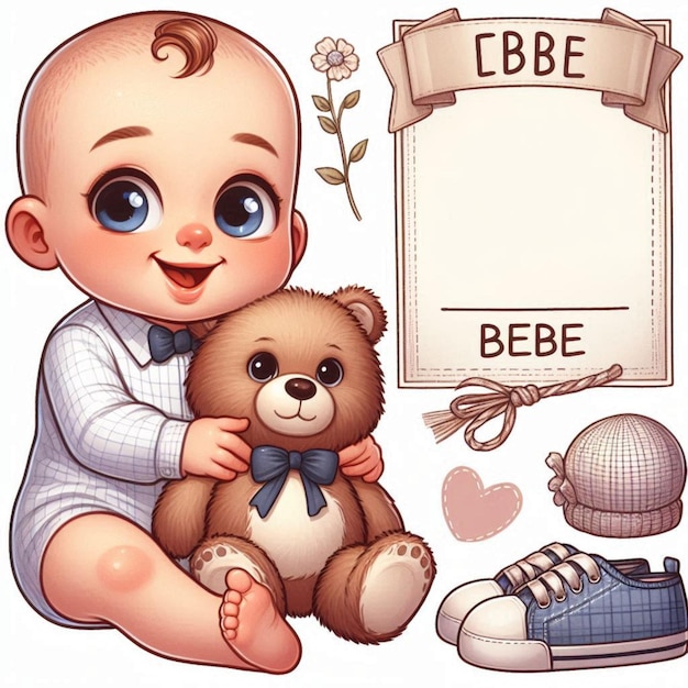 Foto ein baby mit einem teddybären und einem schild, auf dem b b steht