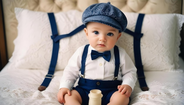 Foto ein baby mit hut und overall sitzt auf einer couch