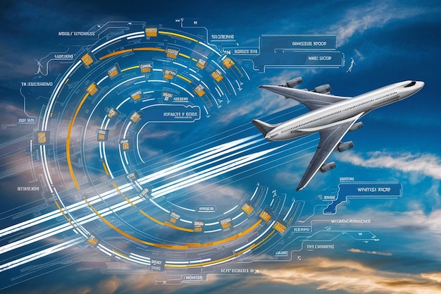 Foto ein bild eines flugzeugs mit blauem hintergrund mit einem diagramm der wörter 