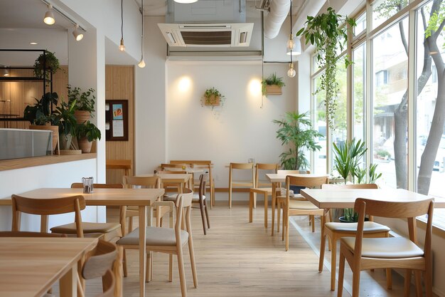 Foto ein café mit hölzernen tischen und stühlen, weißen wänden