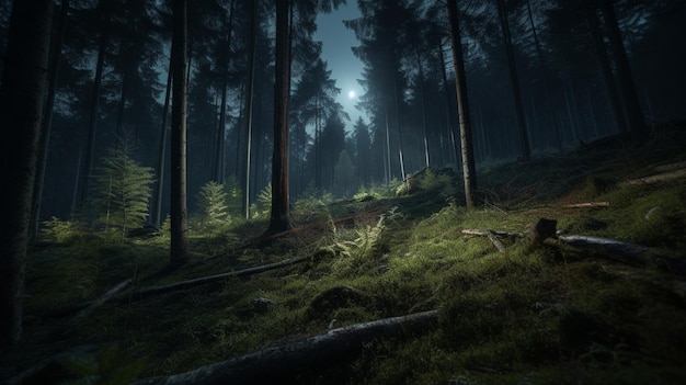 Foto ein dunkler wald mit einem licht auf dem boden und einem blauen himmel im hintergrund.