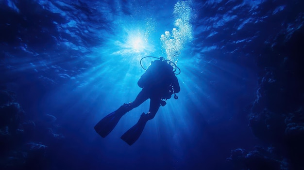 Foto ein einsamer taucher erforscht den tiefen blauen ozean, umgeben von faszinierenden lichtstrahlen und ruhigen unterwasserlandschaften.