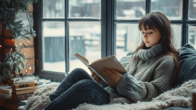 Foto ein entzückendes mädchen liest am fenster und trägt ein gemütliches outfit. modernes loft-interieur.