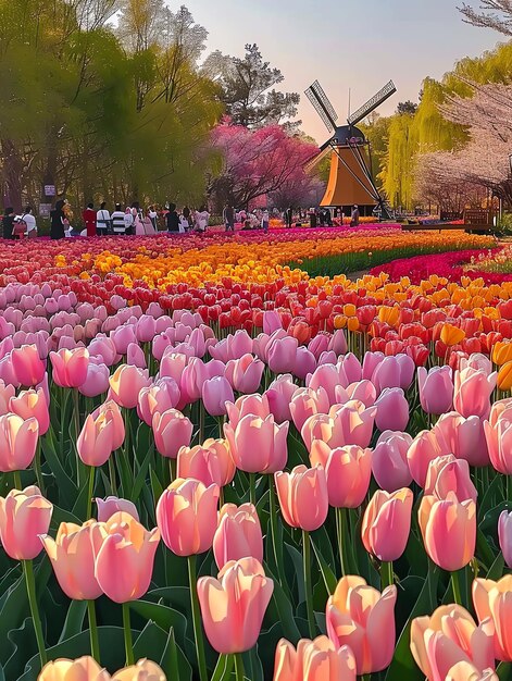 Foto ein feld von tulpen mit einer windmühle im hintergrund