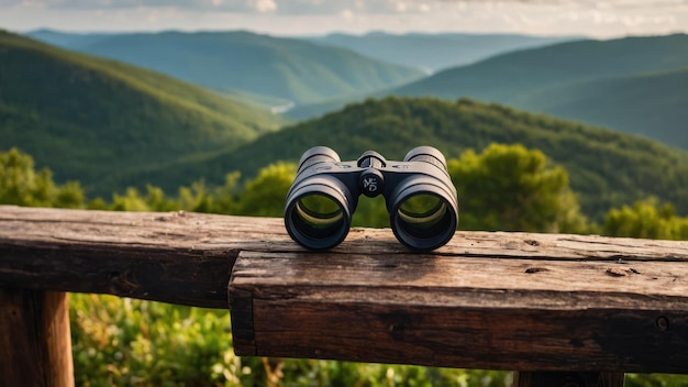 Foto ein fernglas auf einem holzgeländer mit blick auf grüne hügel, perfekt für outdoor-aktivitäten